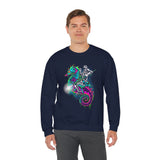 Seahorse Knight Neon Warrior Unisex Heavy Blend Crewneck Sweatshirt Vibrant Cyberpunk Fantasy Streetwear Pullover Futuristic Oceanic Armor Design For Gamers Creators Dreamers And Art Lovers