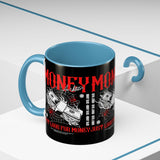 Money Ambition Accent Coffee Mug 11oz 15oz Black Ceramic Cup with Bold Red Typography and Cash Stack Design for Entrepreneurs and Hustlers