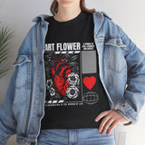 Heart Flower Graphic Unisex Heavy Cotton Tee Comfortable Streetwear T Shirt Bold Red and Black Floral Heart Design Symbol of Love Strength and Vitality Perfect Gift for Friends Birthdays and Casual Everyday Wear