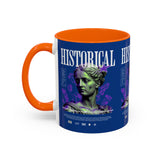 Historical Accent Coffee Mug 11oz 15oz Black Ceramic Cup with Greek Goddess Statue and Purple Floral Design for Art and History Lovers