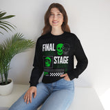 Final Stage Unisex Heavy Blend Crewneck Sweatshirt Graphic Pullover Black Skull Neon Green Streetwear Futuristic Cyberpunk Bold Artistic Fashion Outfit