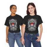 Mystic Warrior Goddess Unisex Heavy Cotton Tee Bold Monochrome Tribal Design Powerful Feminine Energy Streetwear Graphic T-Shirt for Art Lovers Festivals and Everyday Wear