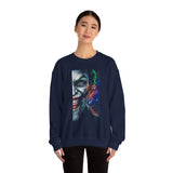 Dark Villain Jocker Split Insanity Unisex Sweatshirt Bold Gothic Streetwear Dark Psychological Art Design Cozy Heavy Blend Pullover for Visionaries and Fearless Creators
