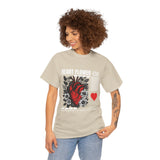 Heart Flower Graphic Unisex Heavy Cotton Tee Comfortable Streetwear T Shirt Bold Red and Black Floral Heart Design Symbol of Love Strength and Vitality Perfect Gift for Friends Birthdays and Casual Everyday Wear