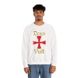 Unisex Deus Vult Crewneck Sweatshirt Medieval Crusader Cross Heavy Blend Fleece Pullover Warrior Knight Inspired Vintage Christian Symbol Streetwear