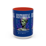 Historical Accent Coffee Mug 11oz 15oz Black Ceramic Cup with Greek Goddess Statue and Purple Floral Design for Art and History Lovers