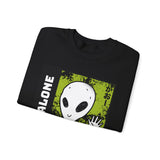 Not Alone Alien Unisex Crewneck Sweatshirt UFO Cartoon Graphic Pullover Extraterrestrial Sci Fi Space Themed Conspiracy Inspired Paranormal Streetwear
