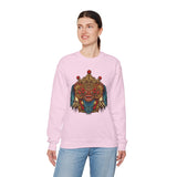 Mythical Tribal Mask Unisex Crewneck Sweatshirt Heavy Blend Pullover Cultural Warrior Spirit Inspired Festival Graphic Art Streetwear Top
