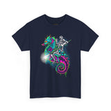 Seahorse Knight Neon Warrior Unisex Heavy Cotton Tee Futuristic Cyberpunk Fantasy Streetwear T Shirt Vibrant Medieval Armor Design Perfect For Gamers Dreamers And Art Lovers