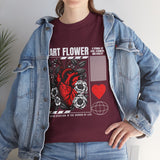 Heart Flower Graphic Unisex Heavy Cotton Tee Comfortable Streetwear T Shirt Bold Red and Black Floral Heart Design Symbol of Love Strength and Vitality Perfect Gift for Friends Birthdays and Casual Everyday Wear