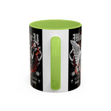 Money Bright Accent Coffee Mug 11oz 15oz Black Ceramic Gothic Angel Statue Design with Red Neon Artwork for Hustlers and Bold Thinkers