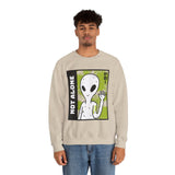 Unisex Not Alone Alien Crewneck Sweatshirt UFO Cartoon Graphic Pullover Extraterrestrial Sci Fi Space Themed Conspiracy Inspired Paranormal Streetwear