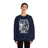 Heavenly Bond Unisex Heavy Blend Crewneck Sweatshirt Graphic Pullover Black Angel And Lion Statue Spiritual Streetwear Bold Futuristic Artistic Fashion Outfit