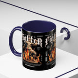 Fighter Accent Coffee Mug 11oz 15oz Black Ceramic Cup with Greek Warrior Statue and Flames Design for Hustlers and Motivated Minds