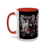 Money Bright Angel Accent Coffee Mug 11oz 15oz Gothic Statue Black Ceramic Cup with Red Flames and Cash Design for Hustlers