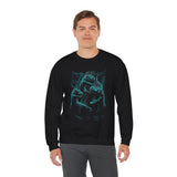 Prehistoric Thunder Unisex Crewneck Sweatshirt Electric Blue Neon Raptor Storm Design Bold Streetwear for Dino Lovers Artists and Urban Dreamers
