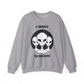 I Want To Believe Alien Unisex Crewneck Sweatshirt UFO Graphic Pullover Extraterrestrial Space Themed Sci Fi Conspiracy Inspired Paranormal Streetwear