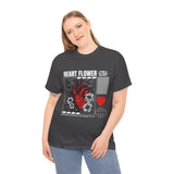 Heart Flower Graphic Unisex Heavy Cotton Tee Comfortable Streetwear T Shirt Bold Red and Black Floral Heart Design Symbol of Love Strength and Vitality Perfect Gift for Friends Birthdays and Casual...