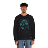 Prehistoric Thunder Unisex Crewneck Sweatshirt Electric Blue Neon Raptor Storm Design Bold Streetwear for Dino Lovers Artists and Urban Dreamers
