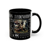 Fearless Devotion Accent Coffee Mug 11oz 15oz Black Ceramic Cup with Warrior on Horse Artwork for Courage Loyalty and Strength Lovers