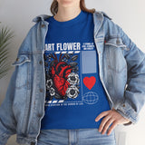 Heart Flower Graphic Unisex Heavy Cotton Tee Comfortable Streetwear T Shirt Bold Red and Black Floral Heart Design Symbol of Love Strength and Vitality Perfect Gift for Friends Birthdays and Casual Everyday Wear