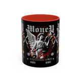 Money Bright Accent Coffee Mug 11oz 15oz Black Ceramic Gothic Angel Statue Design with Red Neon Artwork for Hustlers and Bold Thinkers