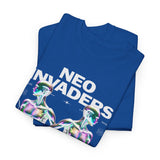 Neo Invaders Futuristic Holographic Graphic Unisex Heavy Cotton Tee Bold Sci Fi Cyberpunk Streetwear Statement T Shirt