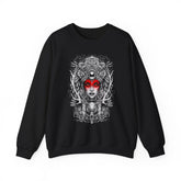 Mystic Warrior Goddess Unisex Sweatshirt Bold Monochrome Tribal Design Sacred Feminine Energy Gothic Art Streetwear Perfect for Festivals Winter Comfort and Everyday Style