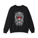 Mystic Warrior Goddess Unisex Sweatshirt Bold Monochrome Tribal Design Sacred Feminine Energy Gothic Art Streetwear Perfect for Festivals Winter Comfort and Everyday Style