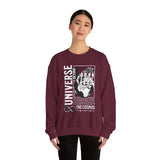 Universe Beyond The Cosmos Unisex Heavy Blend Crewneck Sweatshirt Graphic Pullover Black Skeleton Hand Space Infinity Streetwear Futuristic Sci Fi Artistic Fashion Outfit