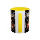 Fighter Accent Coffee Mug 11oz 15oz Black Ceramic Cup with Greek Warrior Statue and Flames Design for Hustlers and Motivated Minds