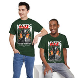 Mystic Mask Flames Graphic Unisex Heavy Cotton Tee Hustler Streetwear Motivational Dark Mystery Bold Design