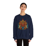 Unisex Mythical Tribal Mask Crewneck Sweatshirt Heavy Blend Pullover Cultural Warrior Spirit Inspired Festival Graphic Art Streetwear Top