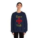 Unisex Deus Vult Crewneck Sweatshirt Medieval Crusader Cross Heavy Blend Fleece Pullover Warrior Knight Inspired Vintage Christian Symbol Streetwear