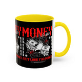 Money Ambition Accent Coffee Mug 11oz 15oz Black Ceramic Cup with Bold Red Typography and Cash Stack Design for Entrepreneurs and Hustlers