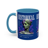 Historical Accent Coffee Mug 11oz 15oz Black Ceramic Cup with Greek Goddess Statue and Purple Floral Design for Art and History Lovers