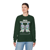 Neo Invaders Futuristic Holographic Graphic Unisex Heavy Blend Crewneck Sweatshirt Sci Fi Cyberpunk Streetwear Bold Statement Pullover