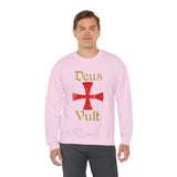 Unisex Deus Vult Crewneck Sweatshirt Medieval Crusader Cross Heavy Blend Fleece Pullover Warrior Knight Inspired Vintage Christian Symbol Streetwear