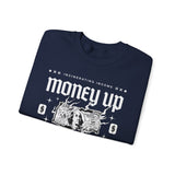 Money Up In Flames Unisex Heavy Blend Crewneck Sweatshirt Graphic Pullover Black Hustler Fire Money Design Bold Streetwear Entrepreneur Alpha Mindset Wealth Fashion