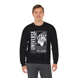 Universe Beyond The Cosmos Unisex Heavy Blend Crewneck Sweatshirt Graphic Pullover Black Skeleton Hand Space Infinity Streetwear Futuristic Sci Fi Artistic Fashion Outfit