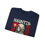 Haunted Warrior Unisex Heavy Blend Crewneck Sweatshirt Graphic Pullover Black Samurai Ninja Fighter Bold Red Streetwear Futuristic Artistic Fashion Outfit