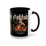 Fighter Accent Coffee Mug 11oz 15oz Black Ceramic Cup with Greek Warrior Statue and Flames Design for Hustlers and Motivated Minds
