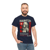 Haunted Warrior Unisex Heavy Cotton Tee Graphic Black T Shirt Bold Red Samurai Ninja Inspired Futuristic Streetwear Artistic Fashion Outfit