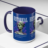 Historical Accent Coffee Mug 11oz 15oz Black Ceramic Cup with Greek Goddess Statue and Purple Floral Design for Art and History Lovers