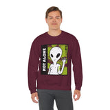 Not Alone Alien Unisex Crewneck Sweatshirt UFO Cartoon Graphic Pullover Extraterrestrial Sci Fi Space Themed Conspiracy Inspired Paranormal Streetwear