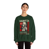 Haunted Warrior Unisex Heavy Blend Crewneck Sweatshirt Graphic Pullover Black Samurai Ninja Fighter Bold Red Streetwear Futuristic Artistic Fashion Outfit