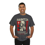 Haunted Warrior Unisex Heavy Cotton Tee Graphic Black T Shirt Bold Red Samurai Ninja Inspired Futuristic Streetwear Artistic Fashion Outfit
