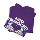 Neo Invaders Futuristic Holographic Graphic Unisex Heavy Cotton Tee Bold Sci Fi Cyberpunk Streetwear Statement T Shirt