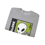 Not Alone Alien Unisex Crewneck Sweatshirt UFO Cartoon Graphic Pullover Extraterrestrial Sci Fi Space Themed Conspiracy Inspired Paranormal Streetwear