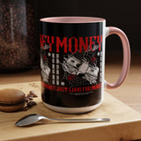 Money Ambition Accent Coffee Mug 11oz 15oz Black Ceramic Cup with Bold Red Typography and Cash Stack Design for Entrepreneurs and Hustlers